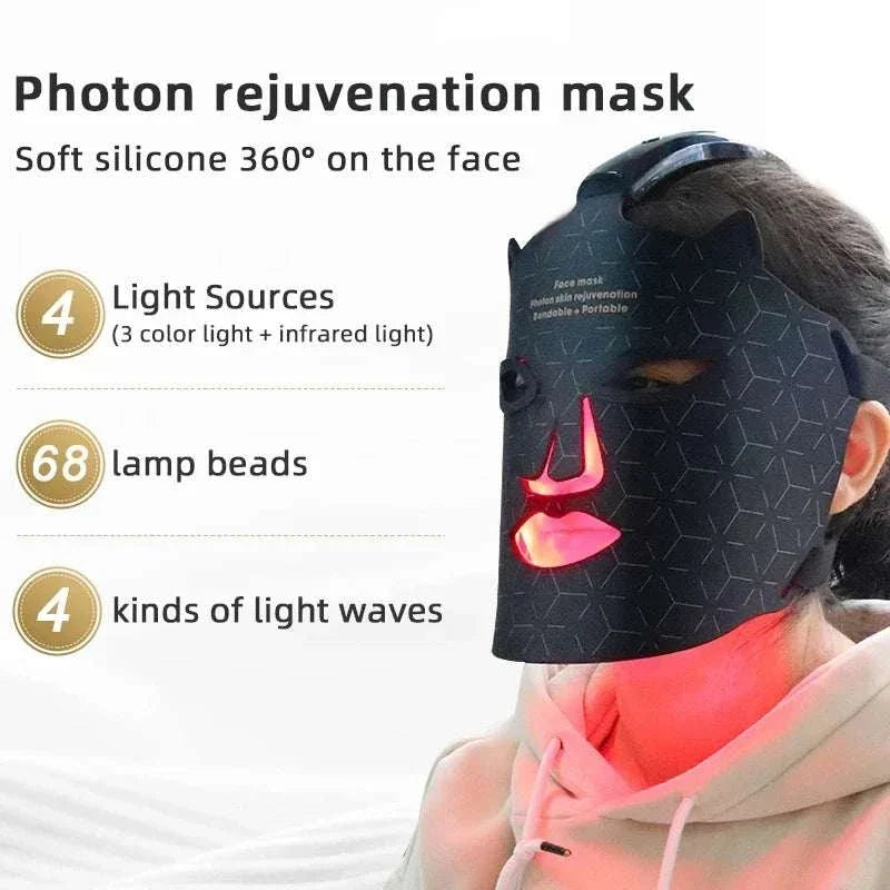 Silica Handheld Mask in black silicone with red LED light therapy on the face, featuring geometric pattern and ergonomic fit