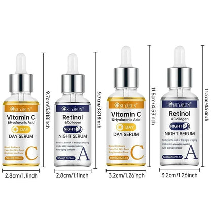 Vitamin C and retinol serum bottles with dropper caps in clear glass featuring day and night formulations, labeled with hyaluronic acid and collagen